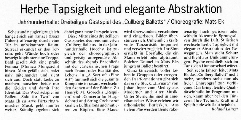 Mit dem Kritiker mitten im Geschehen des Cullberg-Balletts, Wiesbadener Kurier, 17. 11. 1999