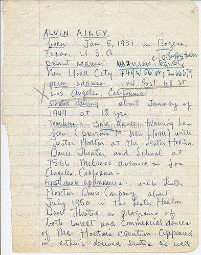 Erste Seite eines kurzen autobiographischen Überblicks von Alvin Ailey für Max Niehaus