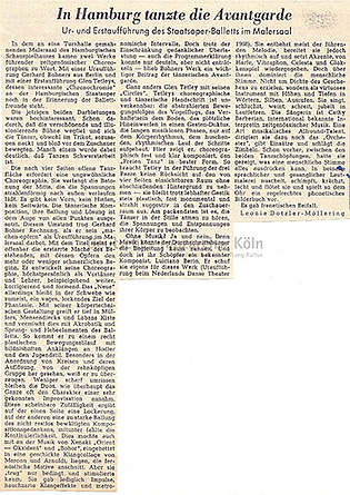 Leonie Dotzler-Möllering berichtet als Tanzkritikerin der „Lübecker Nachrichten“  über die Uraufführung von Gerhard Bohners „machen–opfern“ und die Erstaufführung von Glen Tetleys „Circles“ aus Hamburg, 15. Dezember 1971.