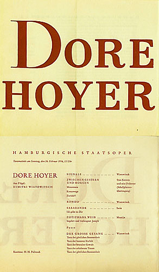 Dore Hoyer, Programmzettel der Staatsoper Hamburg vom 26.2.1956