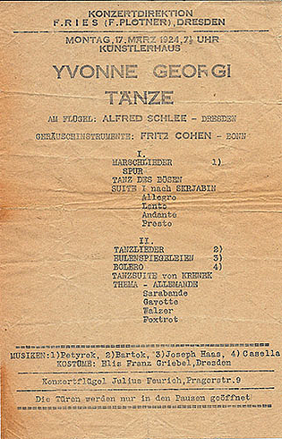 Programmzettel des ersten solistischen Tanzabends von Yvonne Georgi, Dresden, Künstlerhaus, 17. März 1924. Musikalische Begleitung: Alfred Schlee und Fritz Cohen.