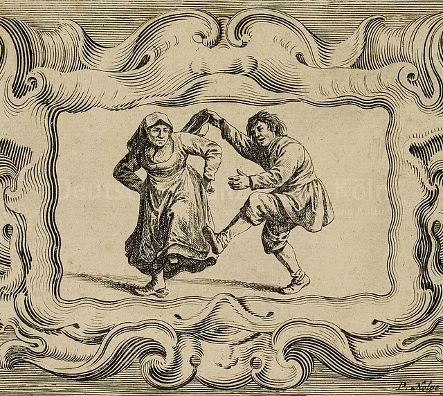 Das fröhliche Bauernpaar beim Tanz. Kupferstich von P. Nolpe (17. Jahrhundert).