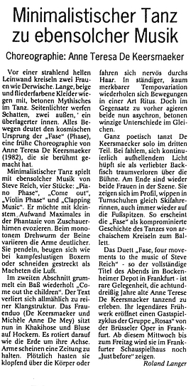 Eine feste Größe seit 15 Jahren: Anna Teresa De Keersmaeker, Wiesbadener Kurier, 06. 07. 1998 