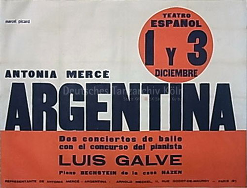 ANTONIA MERCÉ ARGENTINA. „Teatro Espagnol, 1 y 3 DICIEMBRE. Dos conciertos de baile con el concurso del pianista Luis Galve.“ Plakat.