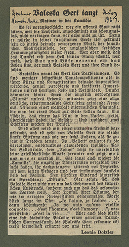 Valeska Gert tanzt. Kritik von Leonie Dotzler in den Dresdner Neuesten  Nachrichten vom 22. März 1927.