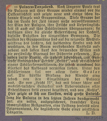Palucca-Tanzabend. Kritik von Leonie Dotzler in den „Dresdner Neuesten Nachrichten“ vom März 1928. 