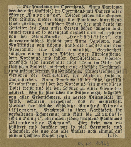 Die Pawlowa im Opernhaus. Kritik von Leonie Dotzler in den „Dresdner Neuesten Nachrichten“ 1928