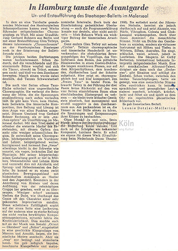 Leonie Dotzler-Möllering berichtet als Tanzkritikerin der „Lübecker Nachrichten“ über die Uraufführung von Gerhard Bohners „machen–opfern“ und die Erstaufführung von Glen Tetleys „Circles“ aus Hamburg, 15. Dezember 1971.