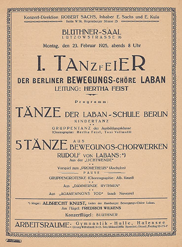 Programmzettel der 1. Tanzfeier der Berliner Bewegungs-Chöre Laban, Leitung Hertha Feist (Blüthner-Saal, 23.2.1925).