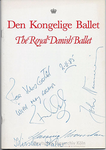 Programmheft des Königlichen Dänischen Balletts von 1985 mit Widmung an Klaus Geitel und Unterschriften von Frank Andersen, John Neumeier, Henning Kronstam und Kirsten Ralov.