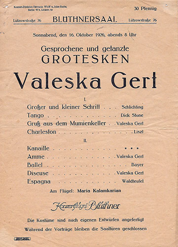 Valeska Gert. Programmzettel für ihren Tanzabend am 16. Oktober 1926 im Berliner Blüthnersaal