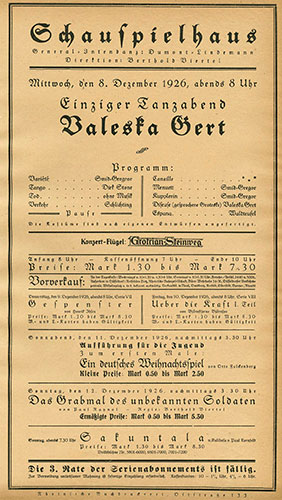 Valeska Gert. Programmzettel für ihren Tanzabend am 8. Dezember 1926 im Düsseldorfer Schauspielhaus.