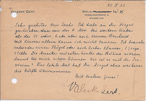 Valeska Gert. Postkarte vom 25. Oktober 1922 an die Konzertdirektion Wolff u. Sachs