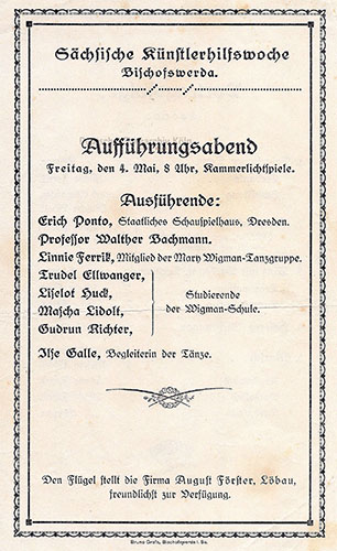 Programmzettel eines Aufführungsabends von Mitgliedern der Tanzgruppe und der Tanzschule von Mary Wigman (wie Liselot Huck) mit dem Schauspieler Erich Ponto in Bischofswerda am 4. Mai 1928.