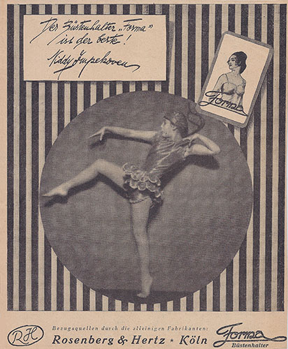 Niddy Impekoven war in den 1920er Jahren so prominent, dass man sich in der Produktwerbung von ihrem Namen, ihrem Foto und ihrer Aussage wie "Der Büstenhalter 'Forma' ist der Beste!" einen Verkaufserfolg versprach. Eine andere Zeitungsanzeige zeigt dasselbe Foto von ihr mit der Überschrift "Harmonie der Linien im Tanz mit Büstenhalter Forma".