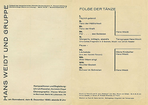 Berlin, Bachsaal, 6. 12.1930: Ulrich Keßler begleitet die Hans Weidt Gruppe (der u.a. Maria Kindscher und Peter Roleff angehören) am Flügel.