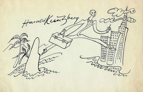 Eine der eigenhändigen Zeichnungen Harald Kreutzbergs für seine (bisher nur in Auszügen publizierten) Memoiren: HK auf Welttournee.
