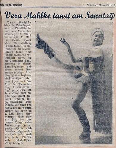 Vera Mahlke, redaktionelle Ankündigung für die Solotanzmatinee in Stuttgart am 10. März 1935