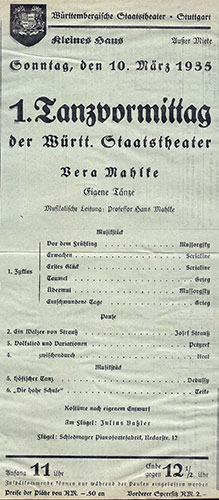 Vera Mahlke, Programmzettel zum 1. Tanzvormittag der Württembergischen Staatstheater Stuttgart am 10. März 1935.