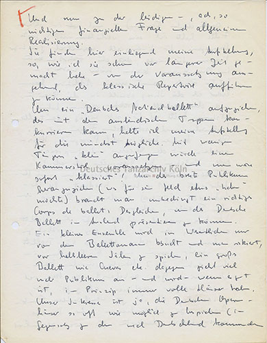 Aus einem Brief von Peter van Dyk an Max Niehaus vom 10. Februar 1958 über dessen Bestreben, ein nationale Tanzkompanie zu etablieren.