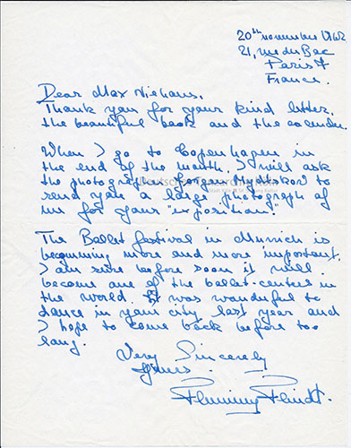 Brief von Flemming Flindt an Max Niehaus vom 20. November 1962 (aus Paris)