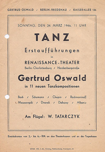 Gertrud Oswald: Ankündigungszettel für einen solistischen Tanzabend im Renaissance-Theater, Berlin, am 24. März 1946.