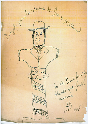 Milhaud-Zeichnung. ‚Projet pour la statue de Darius Milhaud. To the Pucci family, the old fat french musician DM 1946‘.