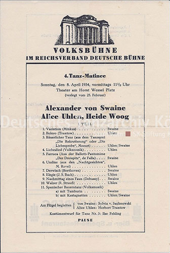 Alexander von Swaine und Alice Uhlen, Tanzmatinee in der Volksbühne Berlin am 8. April 1934.