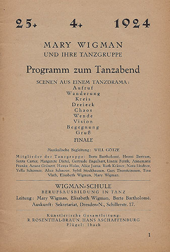 Programmzettel von Mary Wigman und ihrer Tanzgruppe zum Tanzabend ‚Scenen aus einem Tanzdrama‘ am 25. April 1924 in Köln. 