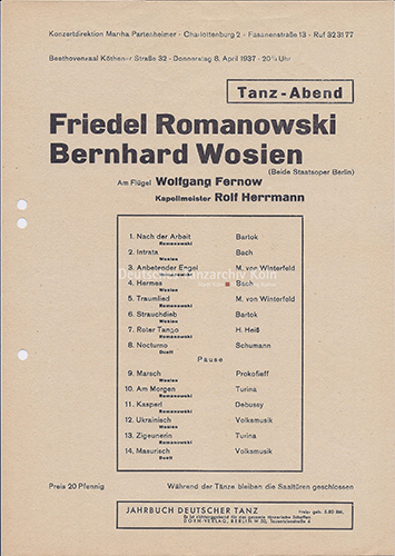 Programmzettel eines Tanzabends von Friedel Romanowski und Bernhard Wosien