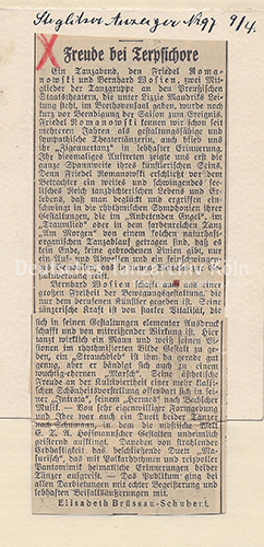 „Freude bei Terpsichore“. Elisabeth Brüssau-Schubert, die Gattin von Fritz Böhme, schrieb über Bernhard Wosien im Steglitzer Anzeiger Nr. 97 vom 9. April 1937: