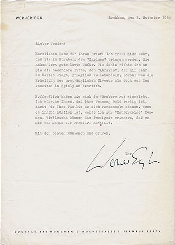 Brief des Komponisten Werner Egk vom 2. November 1954 an Bernhard Wosien, damals Ballettmeister am Stadttheater Nürnberg, wegen seiner Ballette ‚Joan von Zarissa‘ und ‚Abraxas‘.