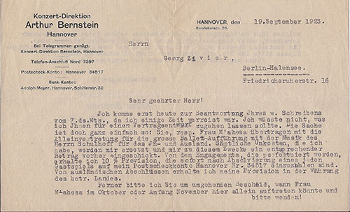 Arthur Bernstein an Georg Zivier, 19. September 1923 betr. "XAHOH-TUN", als Beispiel für die Gestaltung der Vermittlungstätigkeit einer Konzertagentur bei Tanzaufführungen in den 1920er Jahren